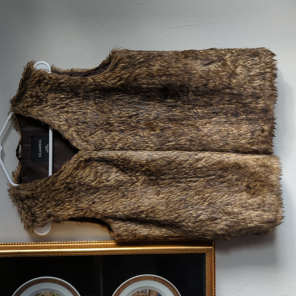 GlamSia Women’s Large Brown Black Faux Fur Vest Sleeveless Lined Mob Wife Baddie